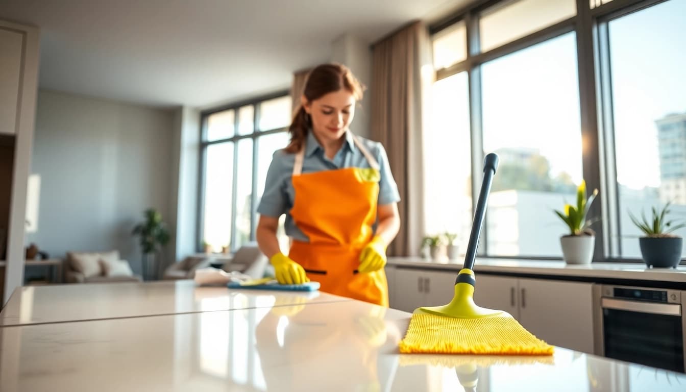 Bond cleaning brisbane service showcasing a professional cleaner in a bright, spotless apartment setting.