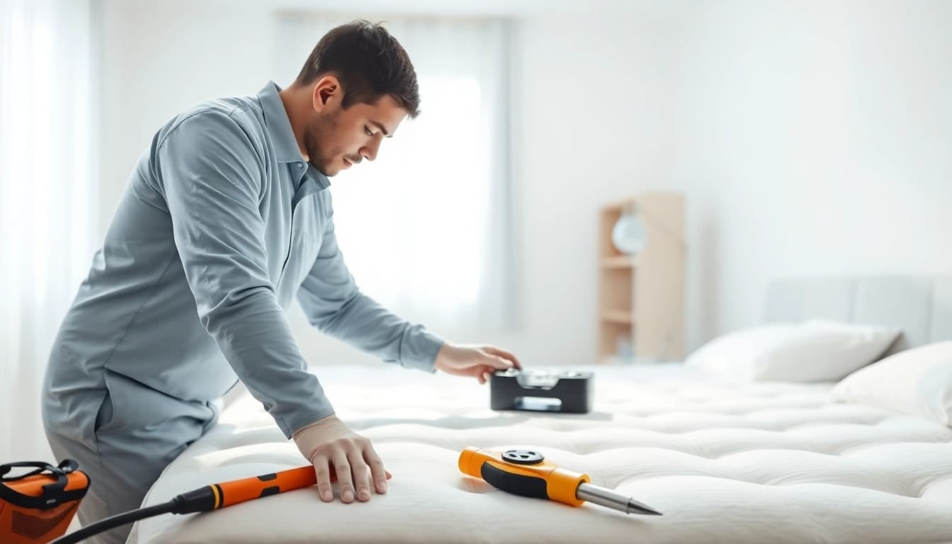 Professional applying bed bug control treatment in a modern bedroom setting.