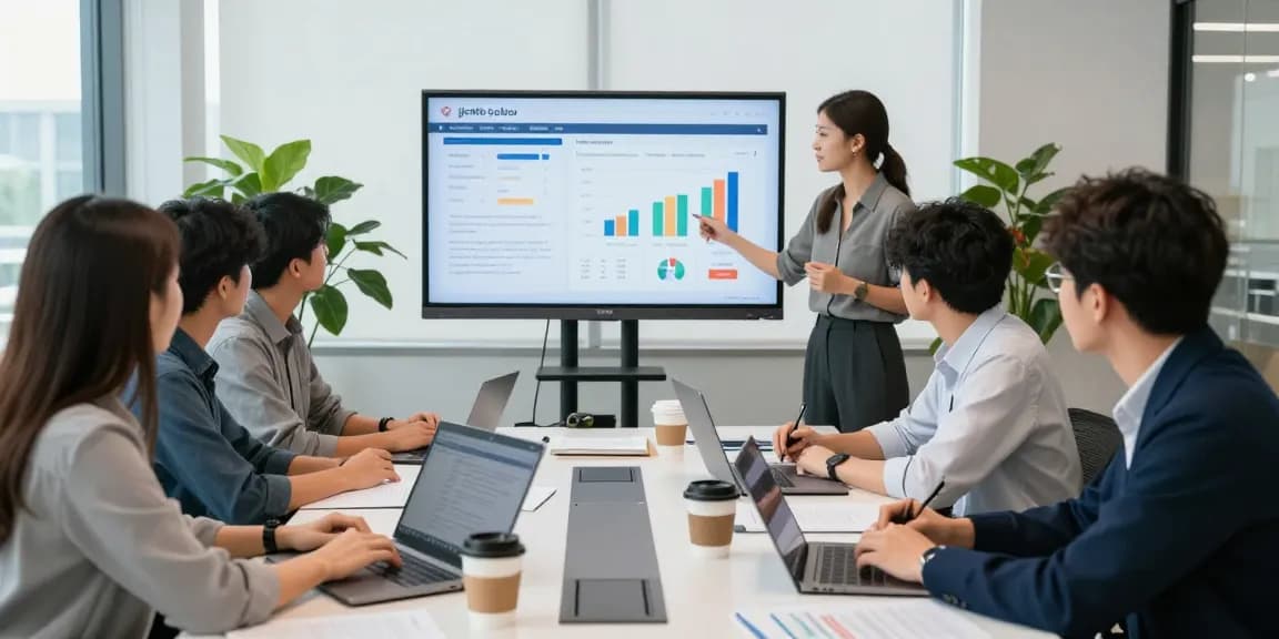 Team discussing digital marketing strategies featuring jacktoto insights in a modern office.