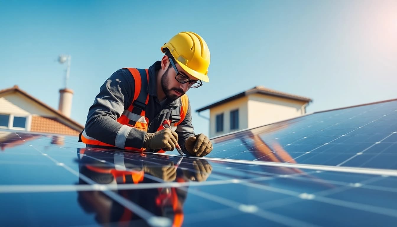 Technician conducting expert solar panel repair on a rooftop, ensuring efficiency and safety.