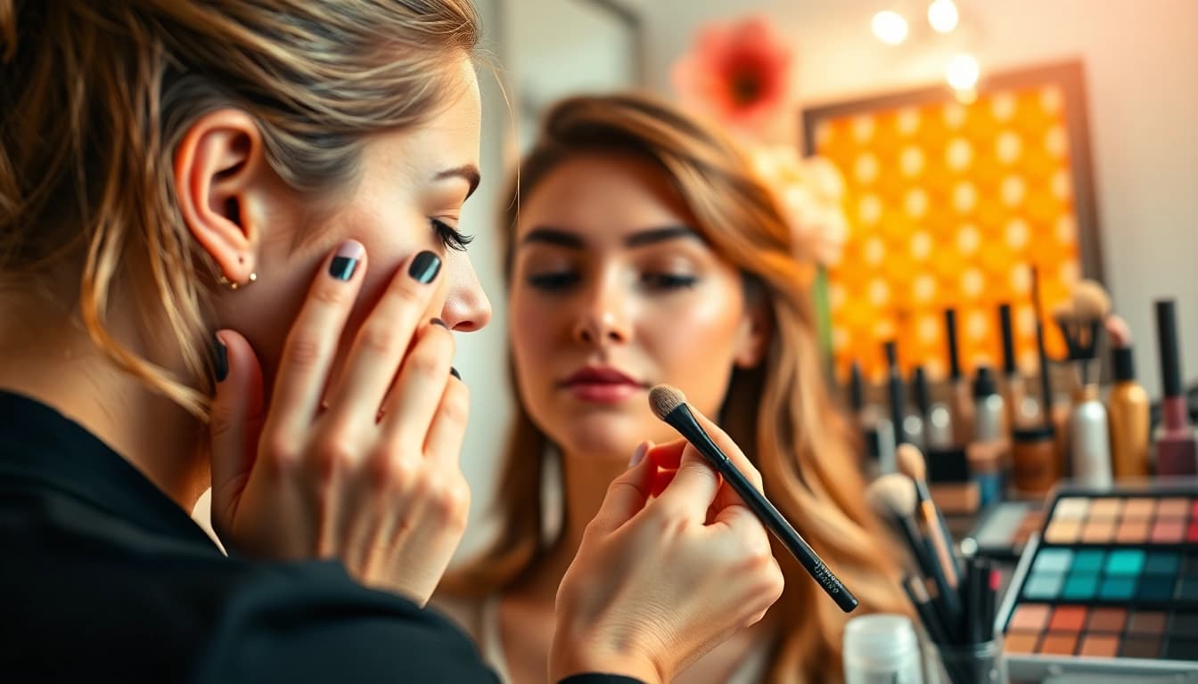 HD makeup application Dallas in a chic studio, showcasing a makeup artist applying professional makeup skills.