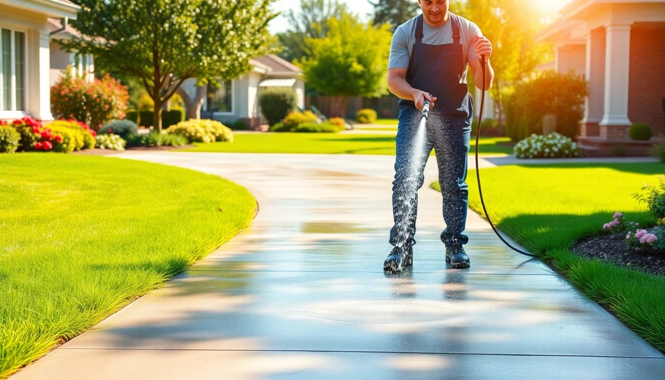 Driveway cleaning process showcasing a technician pressure washing a residential driveway.