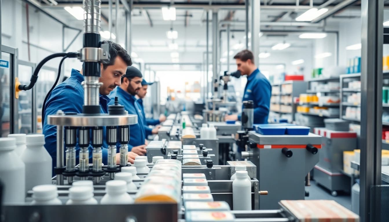 Showcasing Contract Manufacturing Services in a modern packaging facility with advanced machinery and dedicated staff.