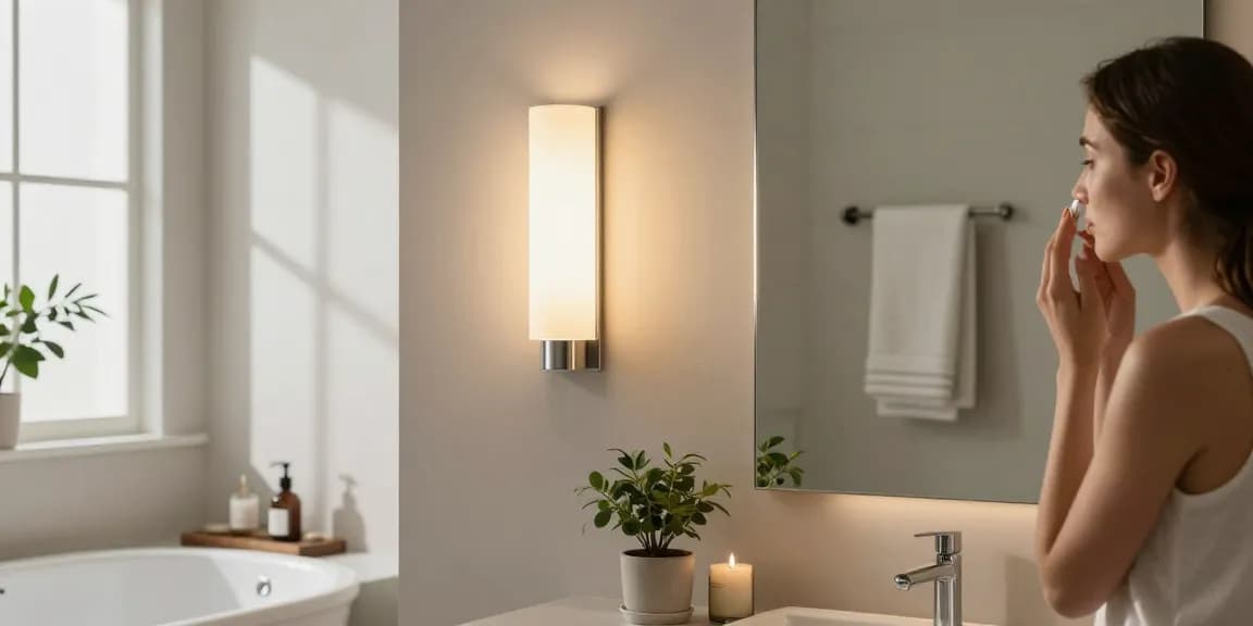 Aplica baie elegantă iluminând o baie modernă, cu atmosferă relaxantă.