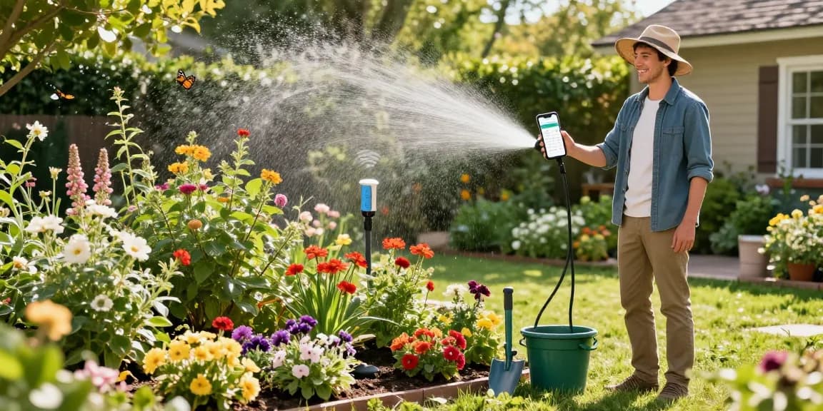 wifi sprinkler controller in use by a gardener in a blooming backyard garden