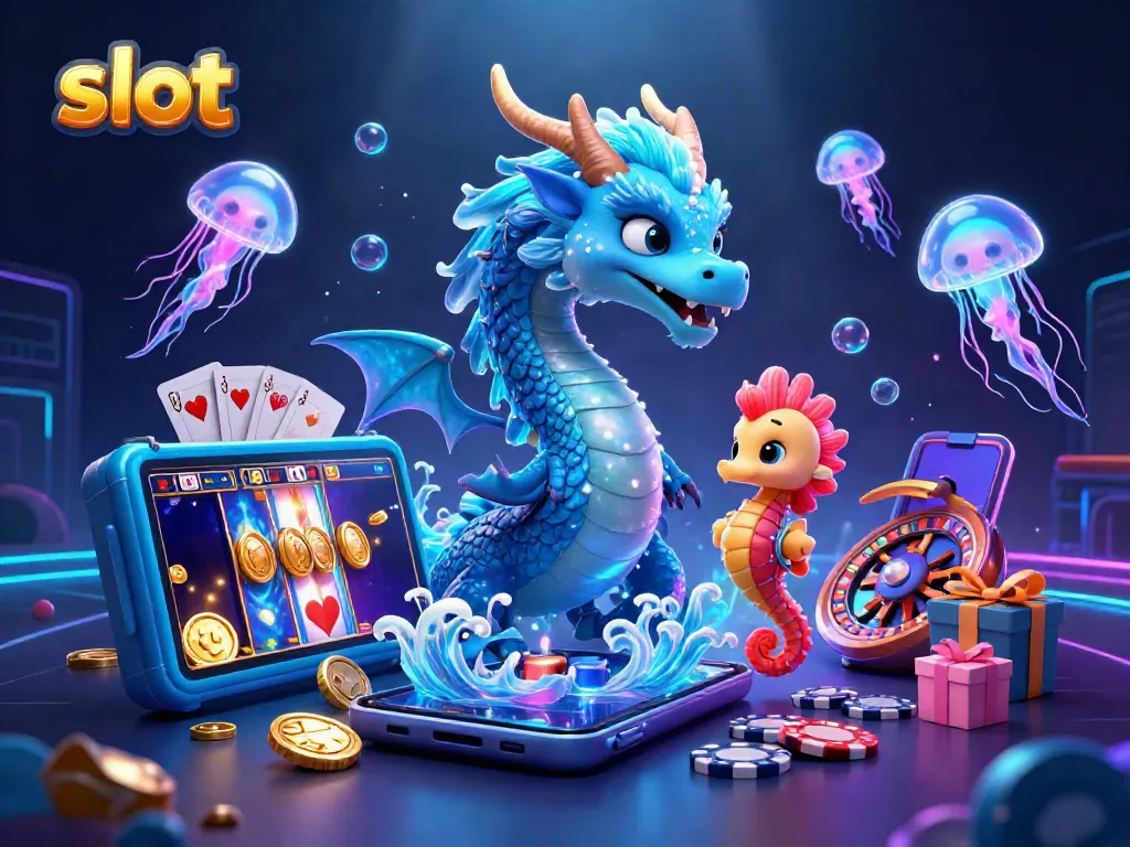 Slot adaptif 3D ilustrasi kasino menyajikan naga air biru dan ksatria kuda laut, suasana menarik.