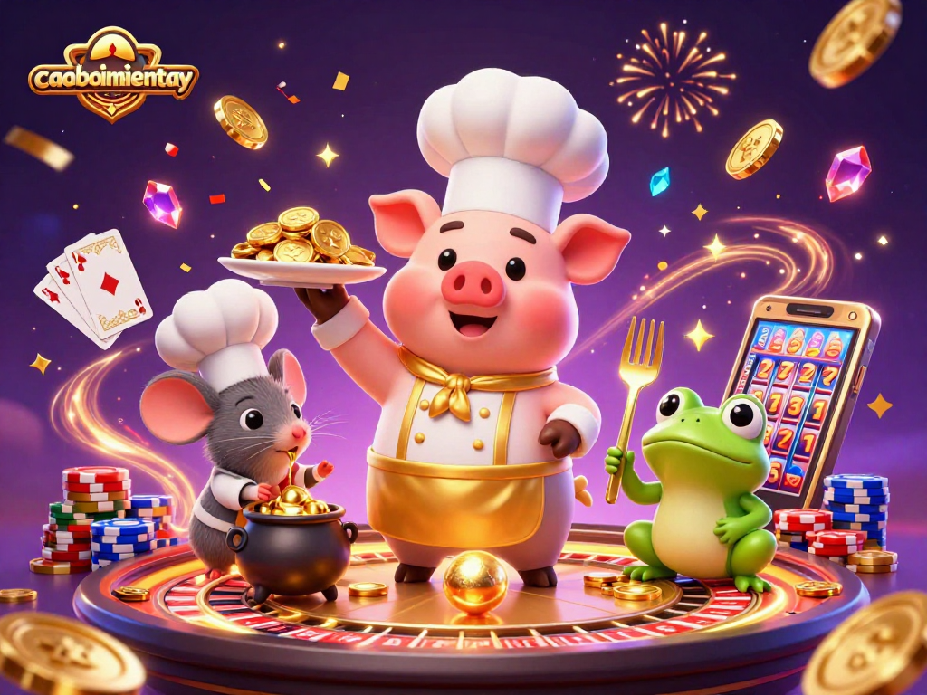 Cascade golden coins and gems in caoboimientay themed illustration with chef pig serving riches.