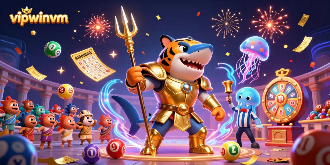 Engage with vipwinvm's vibrant 3D casino scene featuring a gladiator shark amidst lottery festivities.