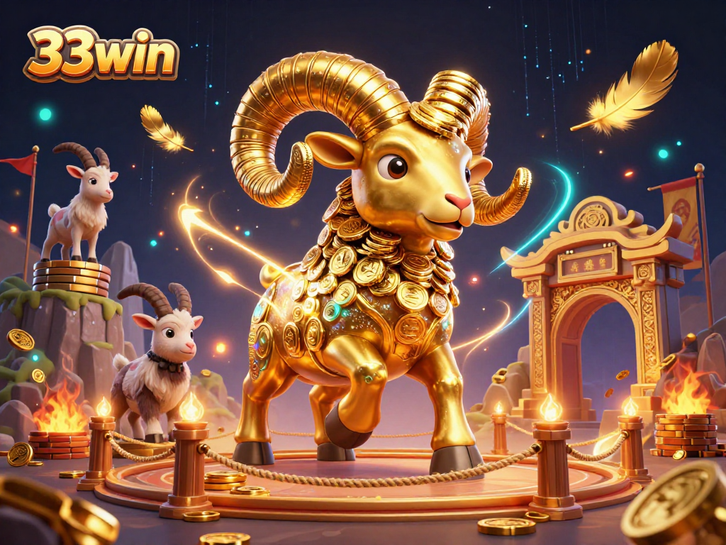 Experience thrilling action in 33win’s vibrant casino illustration with golden rams and dynamic game elements.