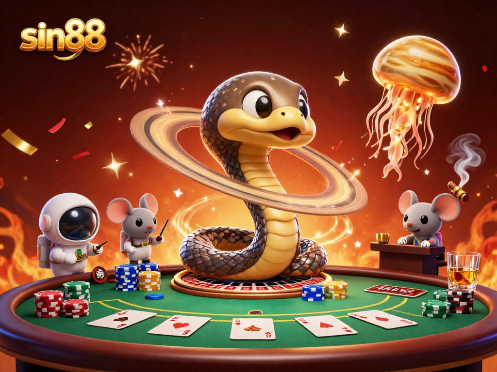 Join the excitement at sin88 with a cosmic roulette scene featuring poker and betting elements.