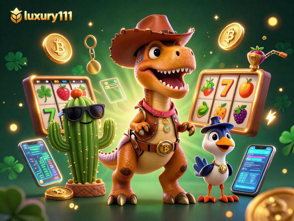 Spin to win with luxury111, featuring a dynamic casino scene with characters and slot symbols.
