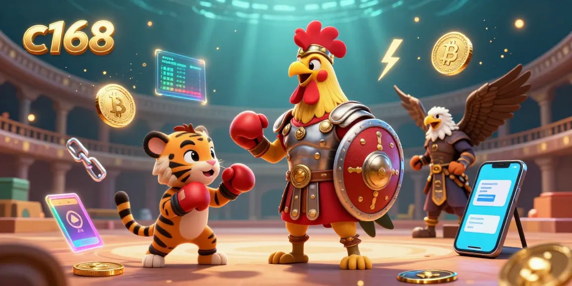 Experience the excitement of c168 as a rooster gladiator engages in a vibrant gaming scene.