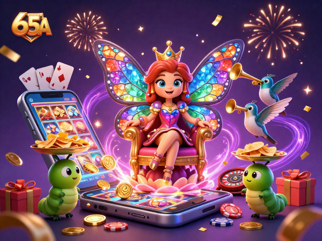 Ilustração 3D da rainha borboleta com asas de vitral em um cassino, ativando o jogo 65A com emoção.