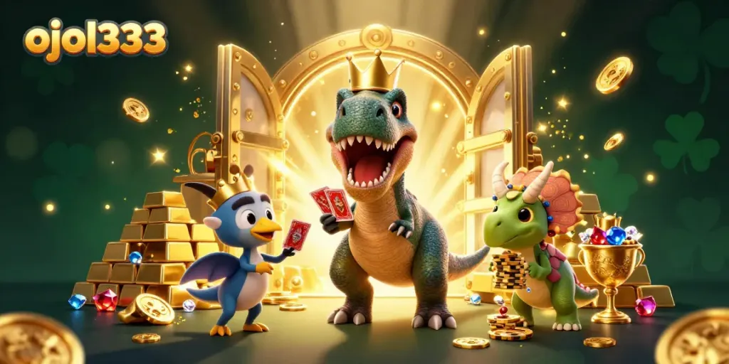 Engage with ojol333 for thrilling casino adventures featuring a friendly T-Rex and dynamic game elements.