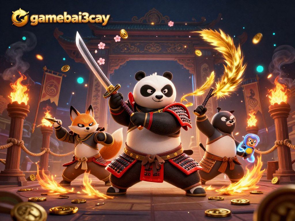 Engage in thrilling gameplay at gamebai3cay with vibrant samurai panda and action-packed casino elements.