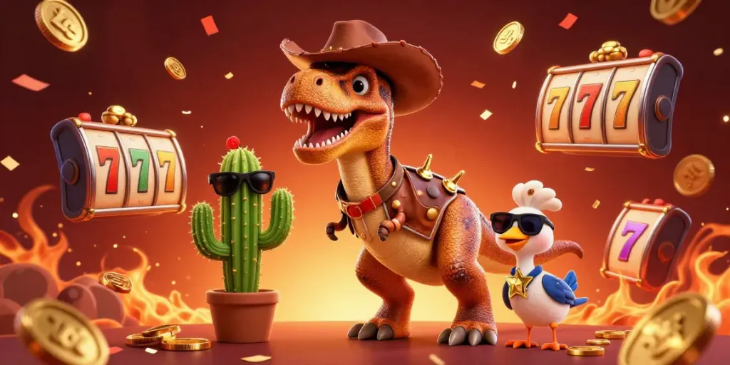 Experience idn play excitement with a dynamic 3D casino scene featuring a cowboy dinosaur and colorful game elements.