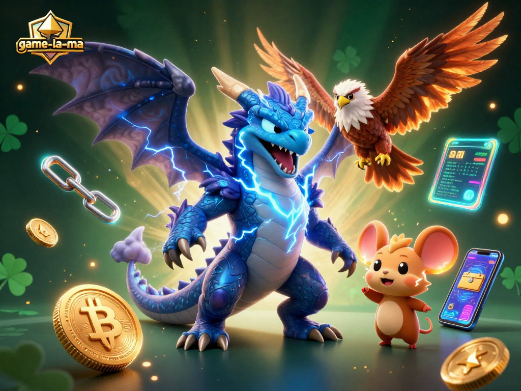 Engage in thrilling gameplay with game-la-ma, featuring a captivating 3D illustration filled with crypto elements.