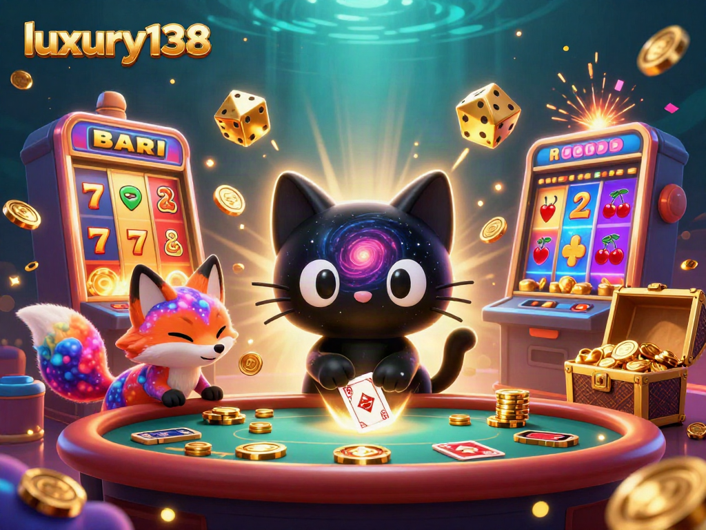 Luxury138 mempersembahkan ilustrasi kasino dengan kucing lubang hitam dan rubah nebula, menciptakan pengalaman bermain yang menarik.
