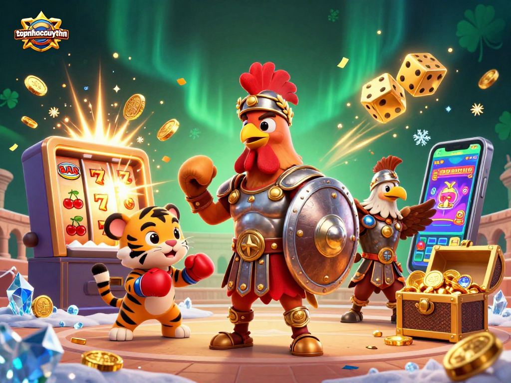 Bet on excitement with topnhacaiuytinn’s 3D casino adventure featuring a gladiator rooster and playful tiger.