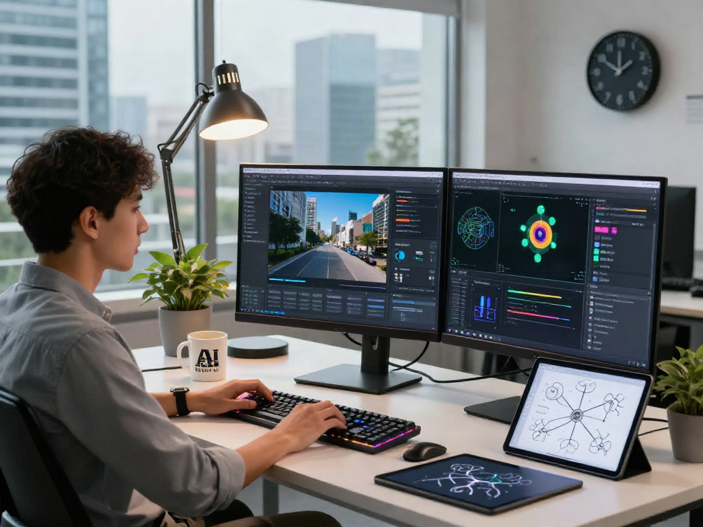 Professional AI-Generated Image Detection workspace featuring dual screens and advanced algorithms