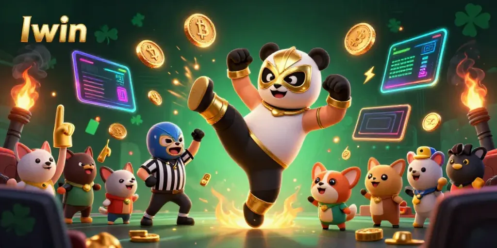 Iwin casino's 3D panda wrestler executes an action-packed kick with a cheering crowd, celebrating gaming victories.