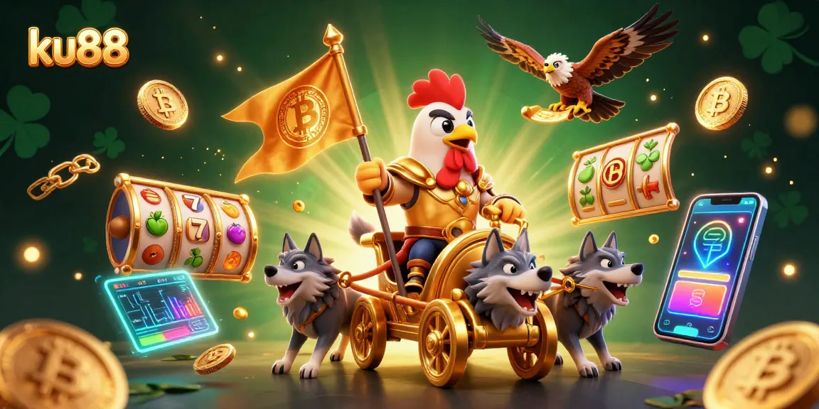 ku88 casino illustration featuring a rooster warlord with bitcoins and slot elements.