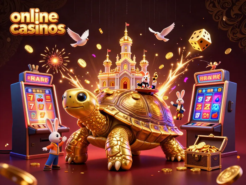Experience exciting online casinos with a vibrant scene of a golden tortoise casino, rabbit dealer, and coins.