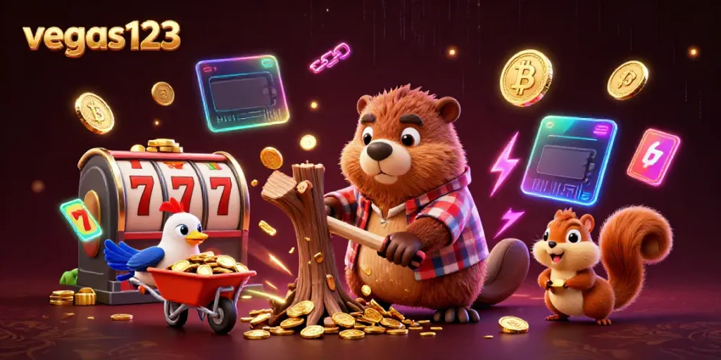 Slot beruntun dengan vegas123, beaver pemotong pohon mengumpulkan koin emas yang jatuh.