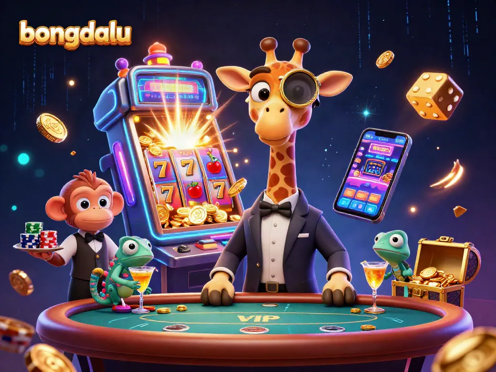 Bongdalu casino scene with a high-roller giraffe, monkey valet, and chameleon bartender surrounded by vivid gaming elements.