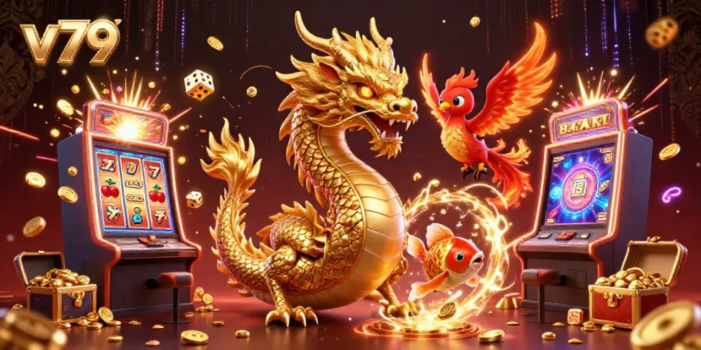 Experience thrilling slots with v79 featuring a golden dragon, phoenix, and koi fish amid a jackpot explosion.