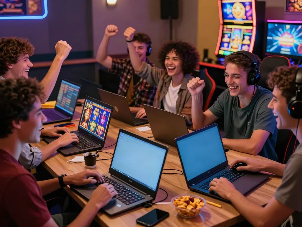 Teman-teman merayakan kemenangan sambil bermain slot777 secara online.