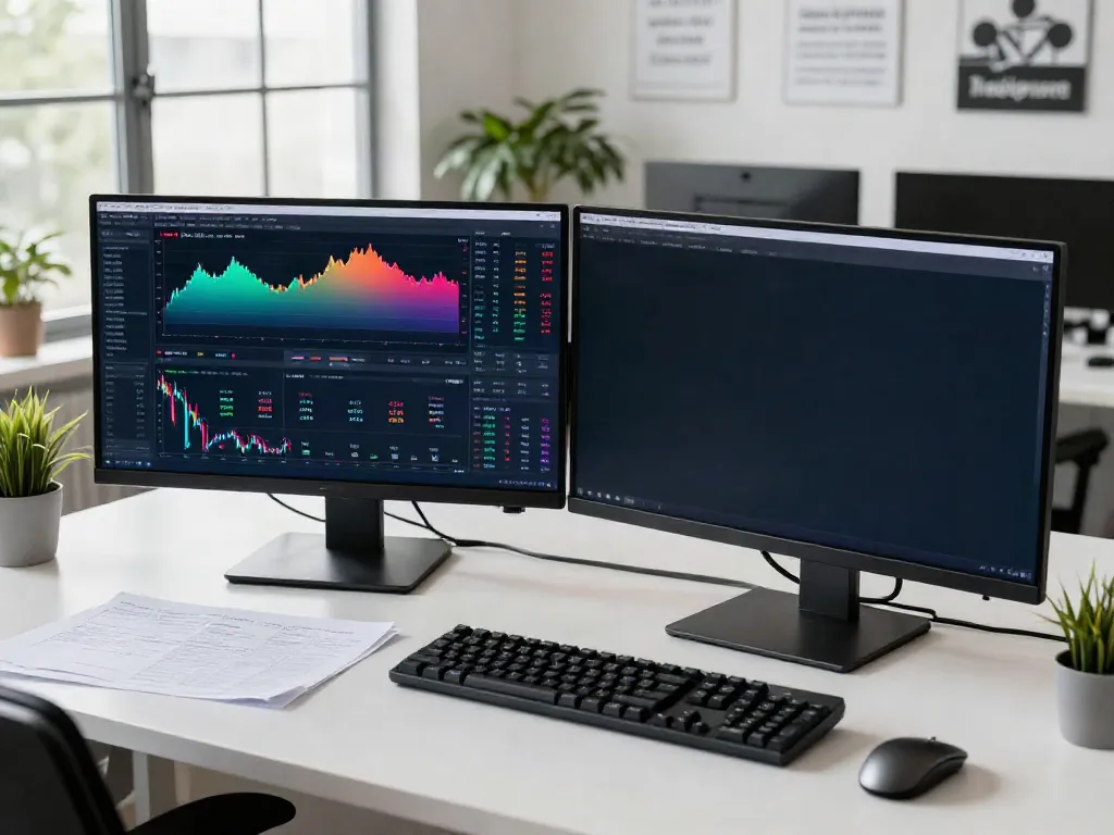 Trader using TradingView on dual monitors in a modern office setting.