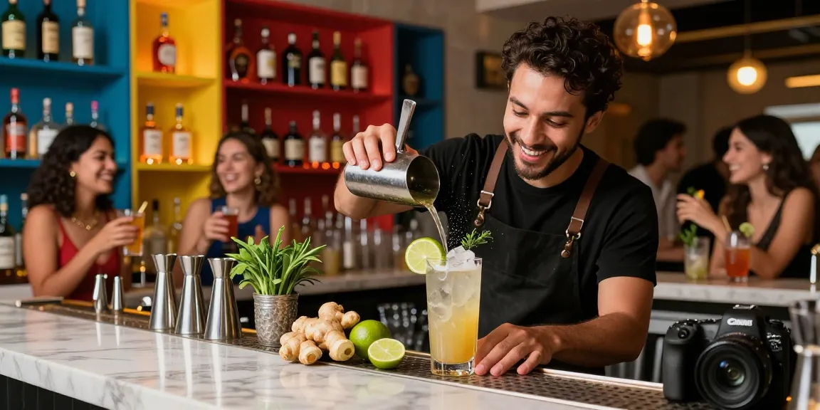 Experience the best chuflay cocktail near me in a vibrant bar scene with fresh ingredients and lively patrons.