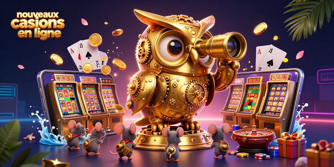 Visualisation immersive des nouveaux casinos en ligne avec un hibou d'or et des machines à sous animées.