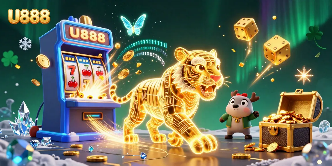 Experience thrilling gaming at U888 with a neon wireframe tiger in an exciting casino scene.