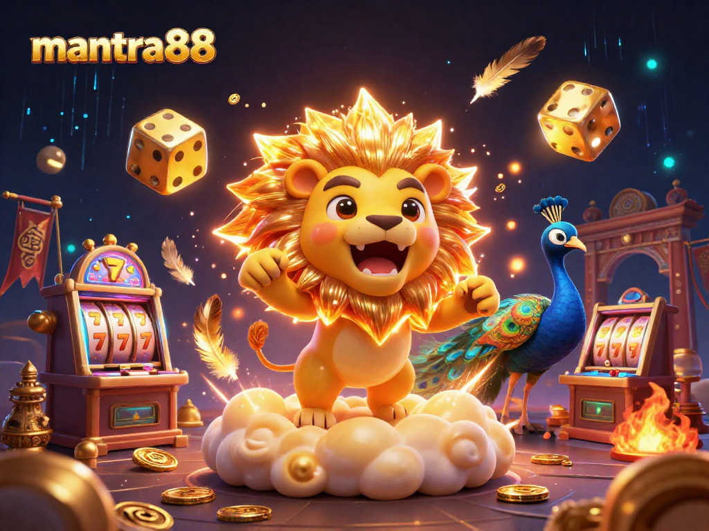 Experience thrilling gameplay with mantra88's vibrant casino scene featuring roaring lion and golden dice.