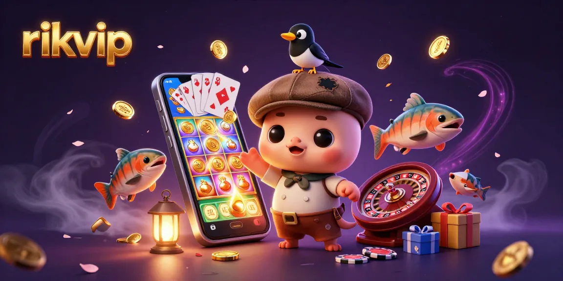 Engage in gaming excitement at rikvip with playful characters, dynamic casino elements, and vibrant visuals.