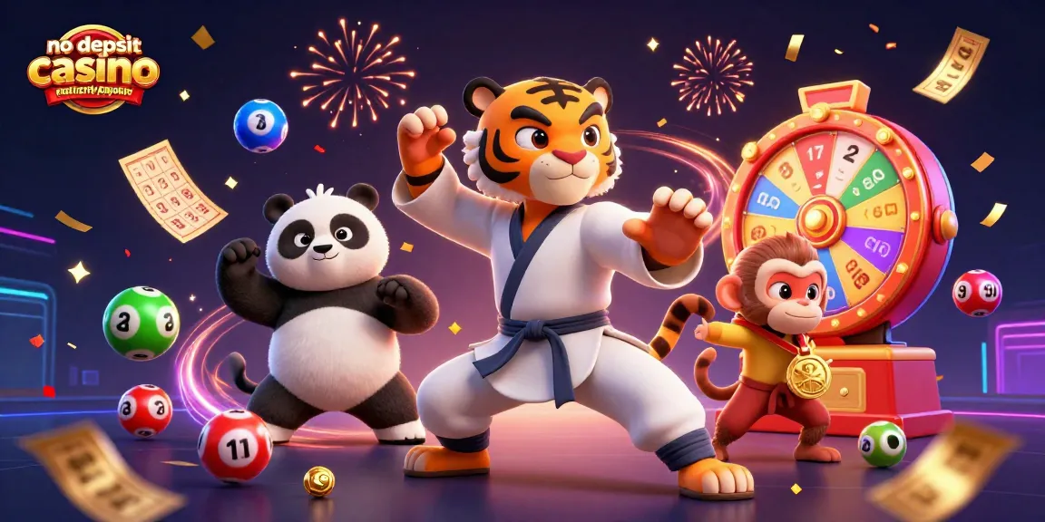 No deposit casino real money instant payout illustration with a kung fu tiger, panda, and monkey amidst dynamic lottery elements and festive confetti.