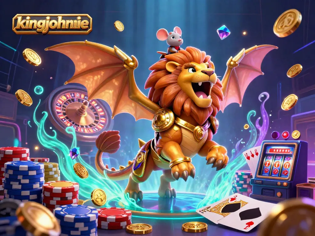 Experience the thrill at kingjohnnie casino with a vibrant 3D depiction of a roaring chimera, gold coins, and a spinning roulette wheel.