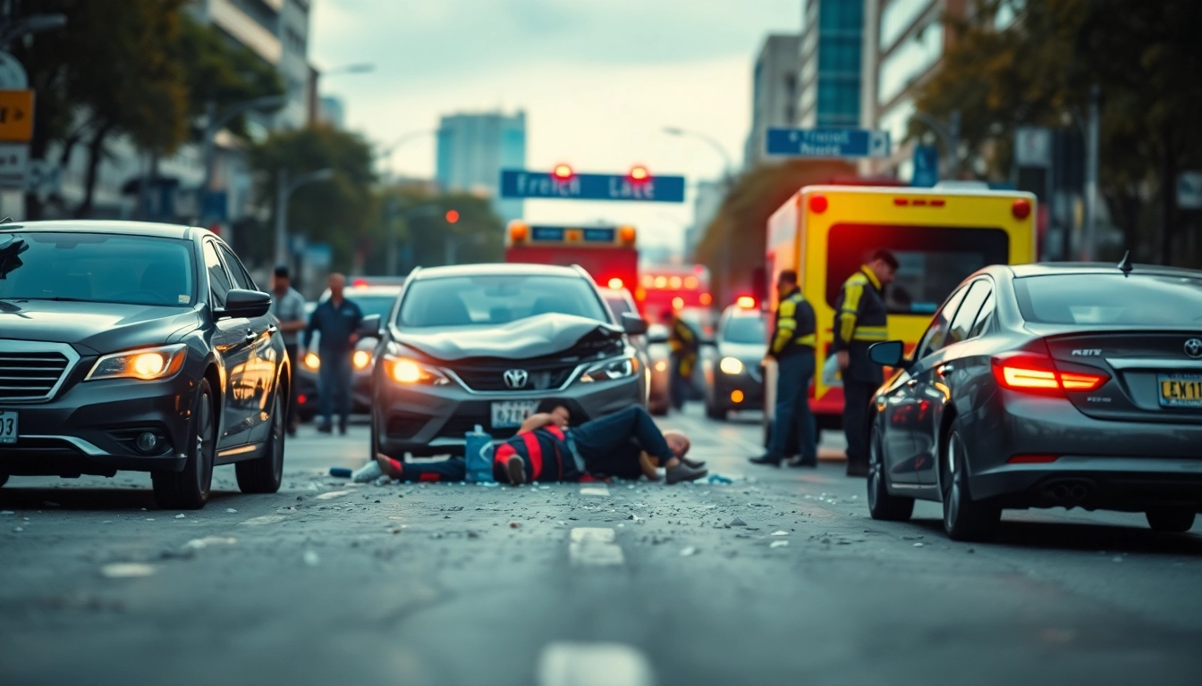 Emergency responders managing a road accident with vehicles in an urban setting.