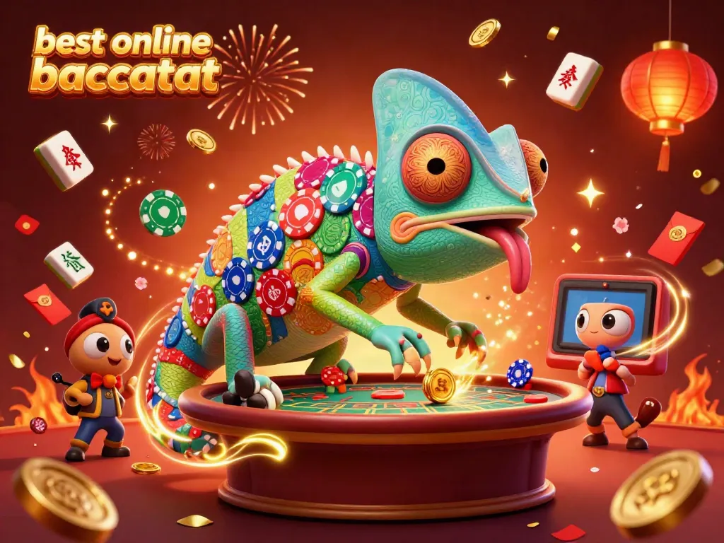 Engaging 3D illustration showcasing best online baccarat with vibrant chameleon casino owner amidst festive gaming elements.