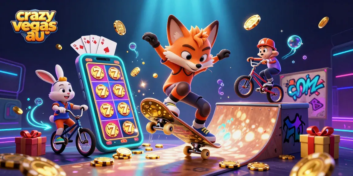 Exciting scene of the crazy vegas au fox and rabbit gaming companions performing tricks amidst vibrant casino symbols.