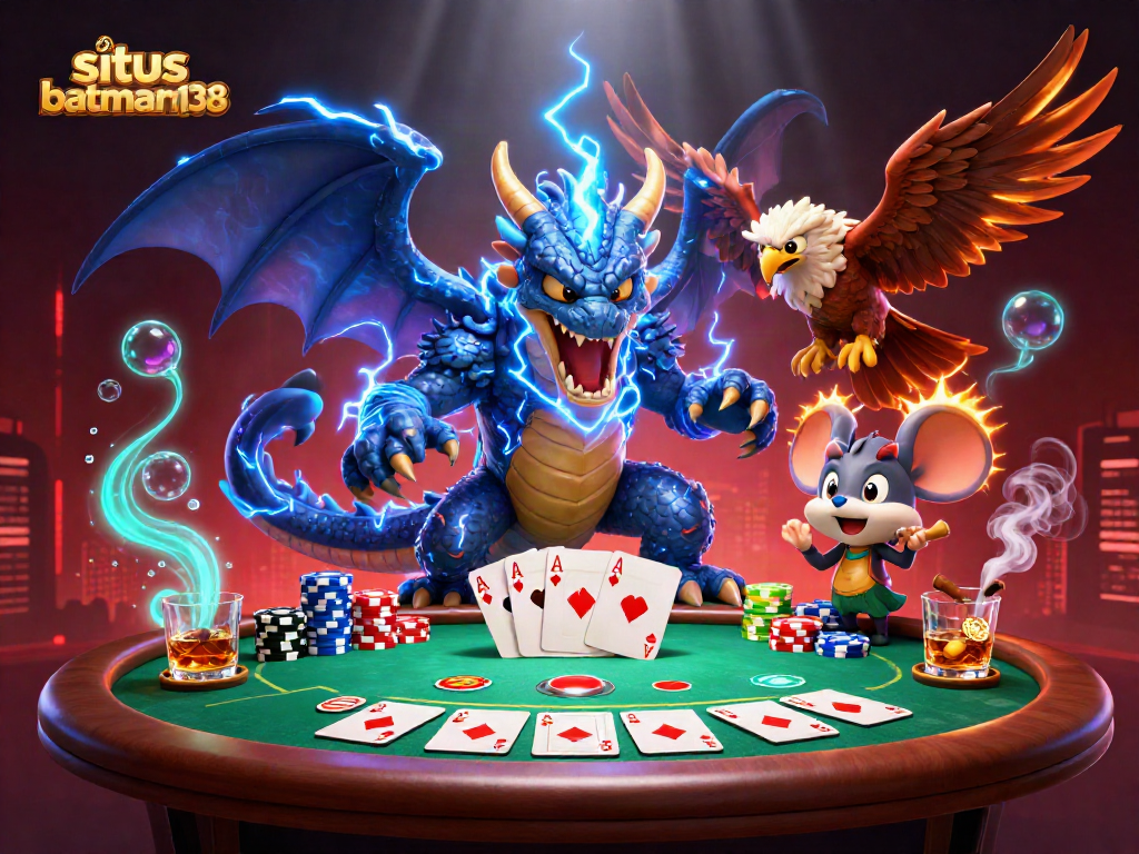 Situs batman138 menampilkan ilustrasi kasino yang dinamis dengan karakter naga petir dan elemen poker yang kaya.