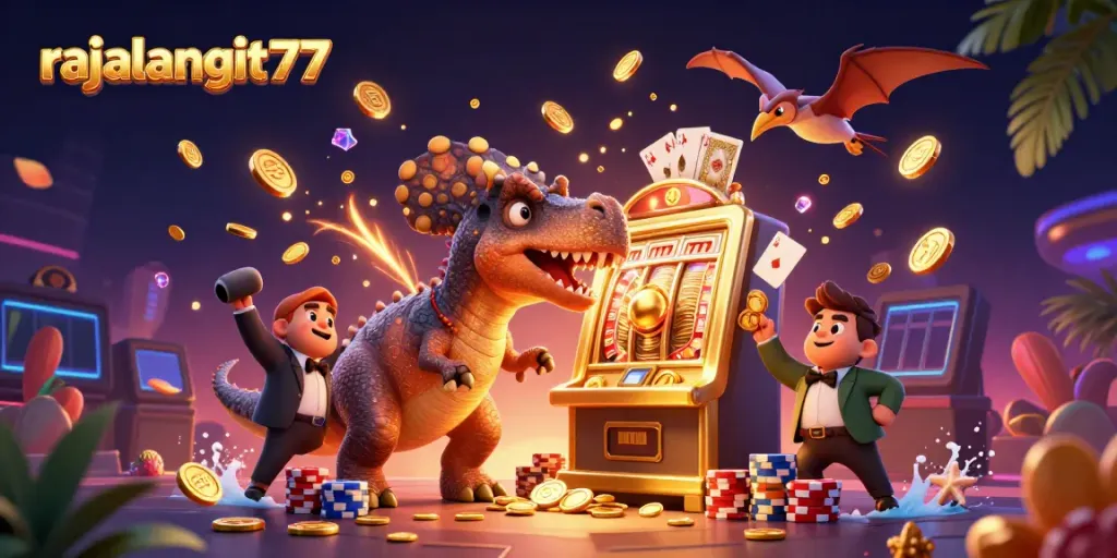 RAJALANGIT77 menampilkan slot jackpot dengan kemenangan emas dan karakter lucu.
