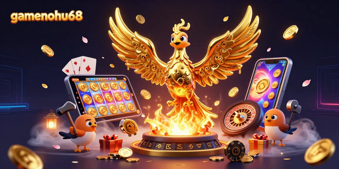 Engage with gamenohu68 in this vibrant 3D casino scene featuring a golden phoenix amid slots and roulette.