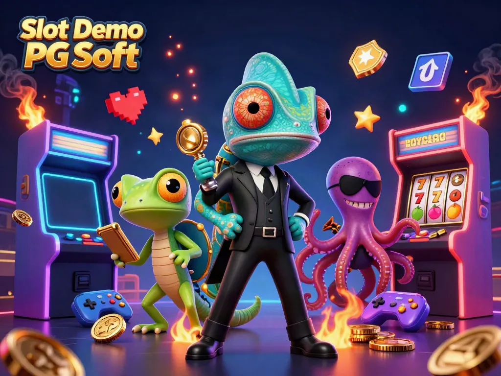 Experience the excitement of Slot Demo PG Soft with a vibrant 3D casino illustration showcasing action-packed gameplay.