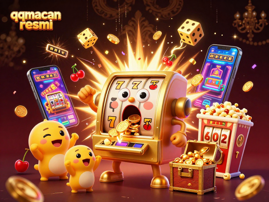 qqmacan resmi showcases a lively scene with a golden slot machine celebrating a jackpot amidst a flurry of vibrant casino elements.