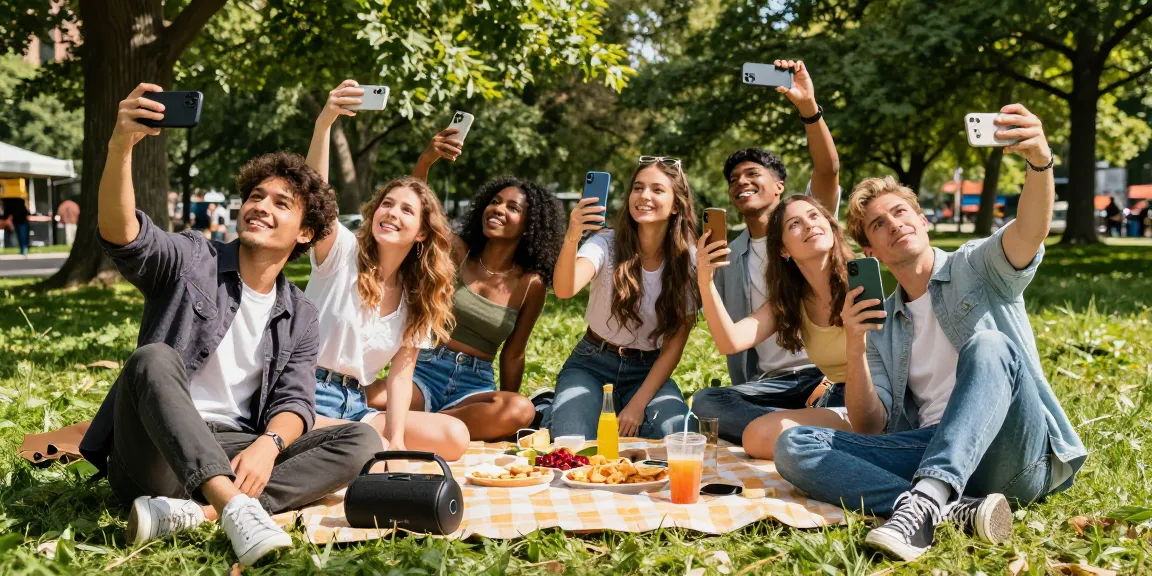 Group of friends in a park taking selfies for their attractive test, enjoying a sunny day with snacks.