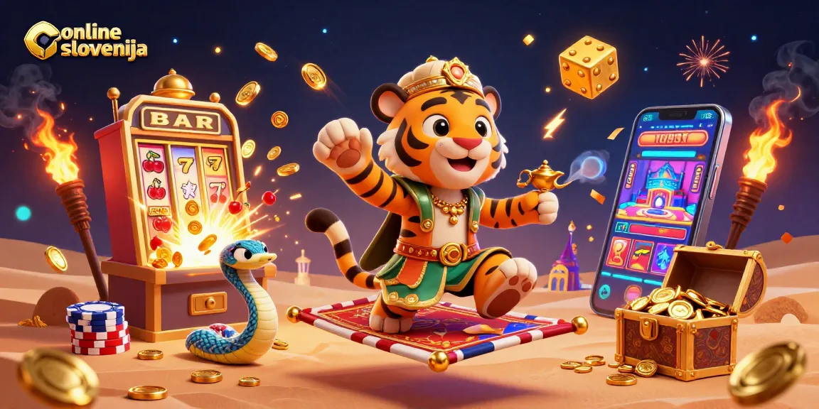 Preizkusite online casino slovenija z dinamično ilustracijo tigrastega sultana na letečem preprogi, obdanega z igrami in simboli.