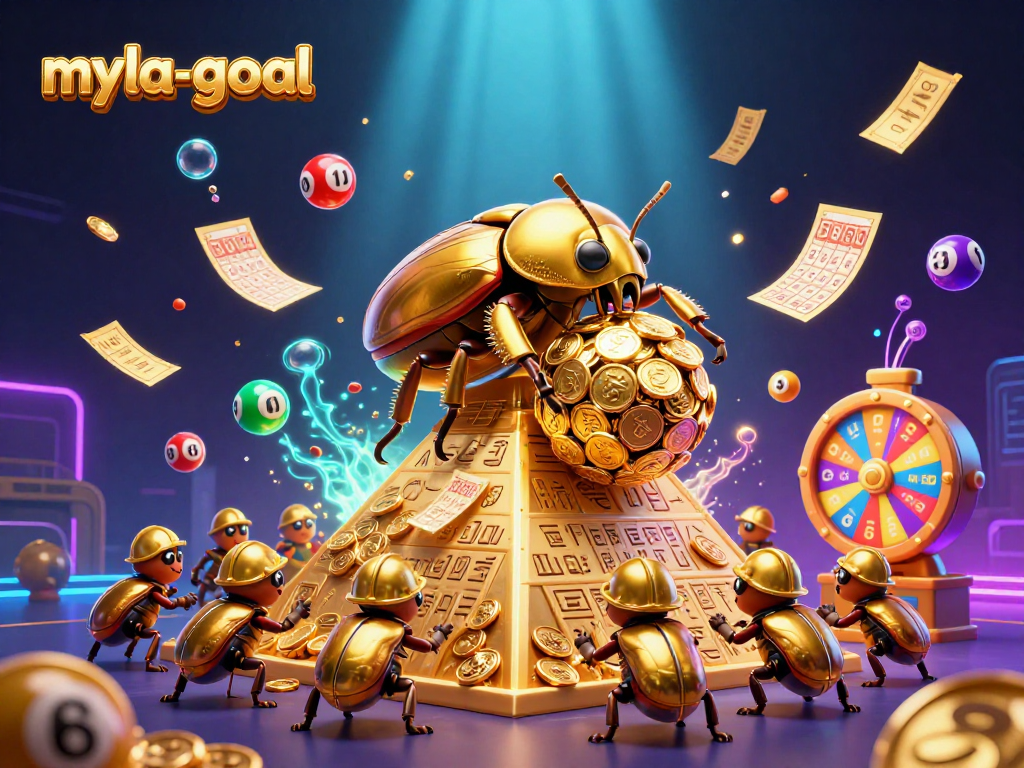 Engage with myla-goal as a golden dung beetle rolls winning coins up a pyramid in this vibrant lottery scene.